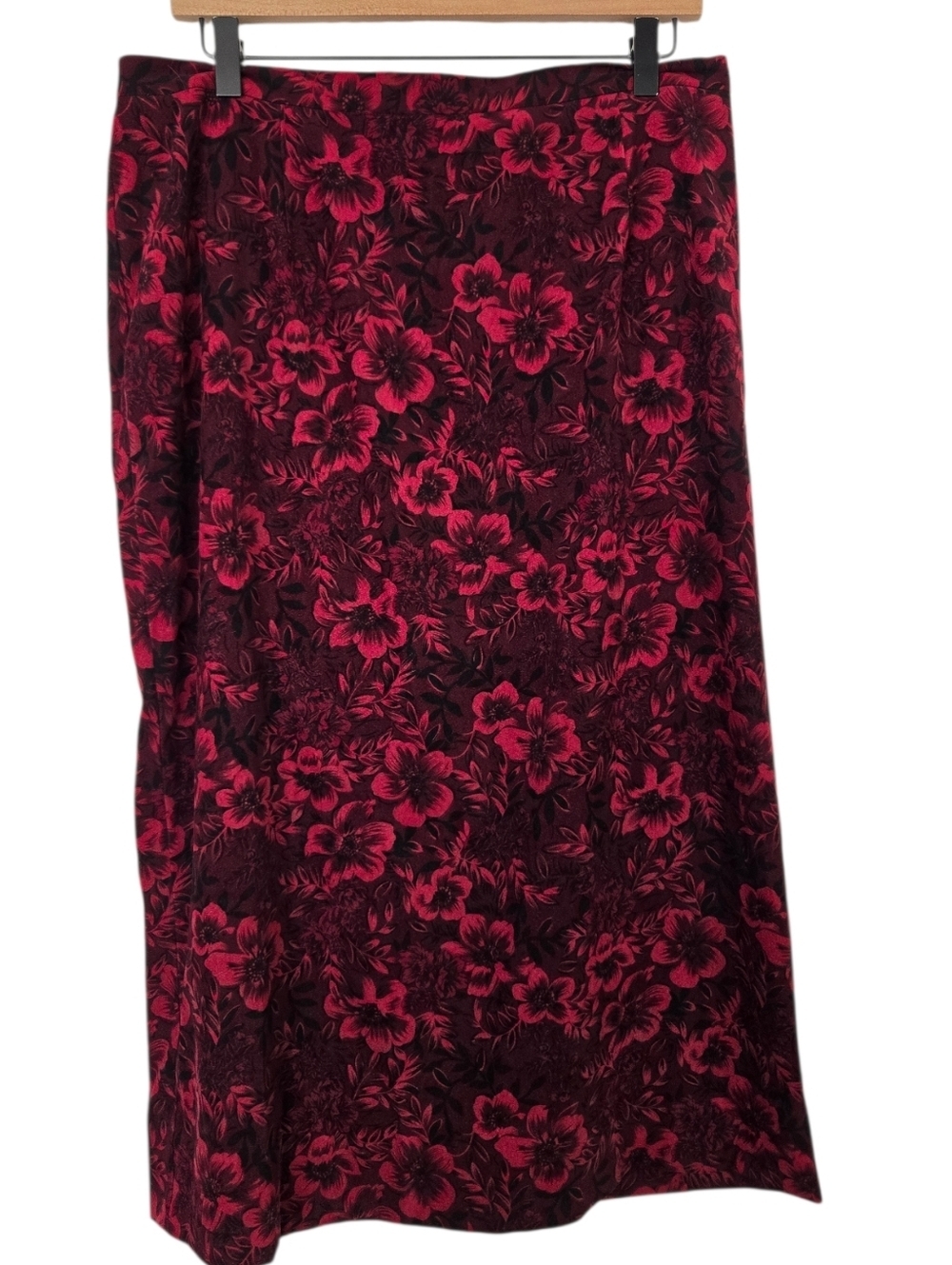 Notations XL Red Black Floral Midi Skirt Stretch Waist A-Line Womens